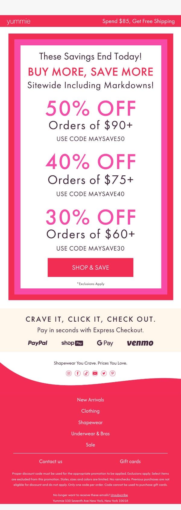 Last day to save up to 50% Off + markdowns! email from Yummie screenshot