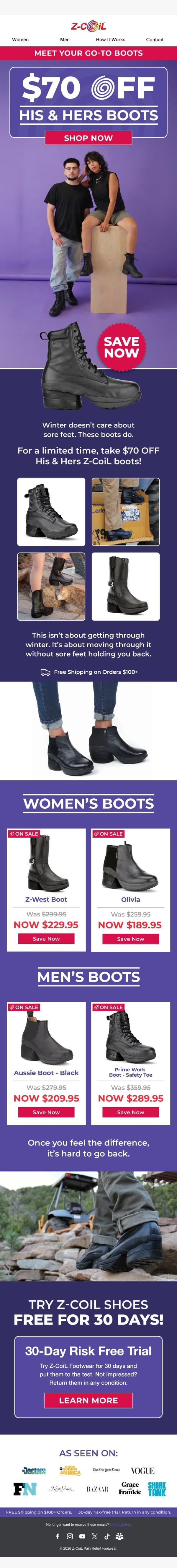 $70 OFF His & Hers Boots 👢 email from Z-Coil screenshot
