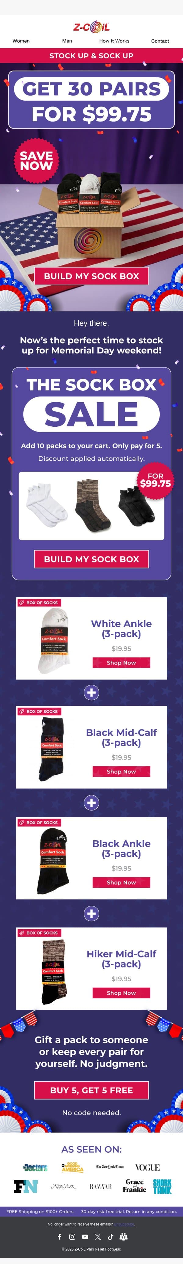 Hey, get 30 pairs for $99.75 🧦 email from Z-Coil screenshot
