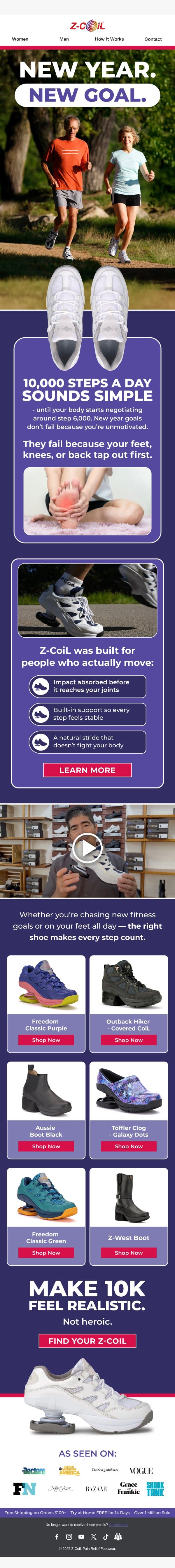One Shoe = 10,000+ Steps a Day. email from Z-Coil screenshot