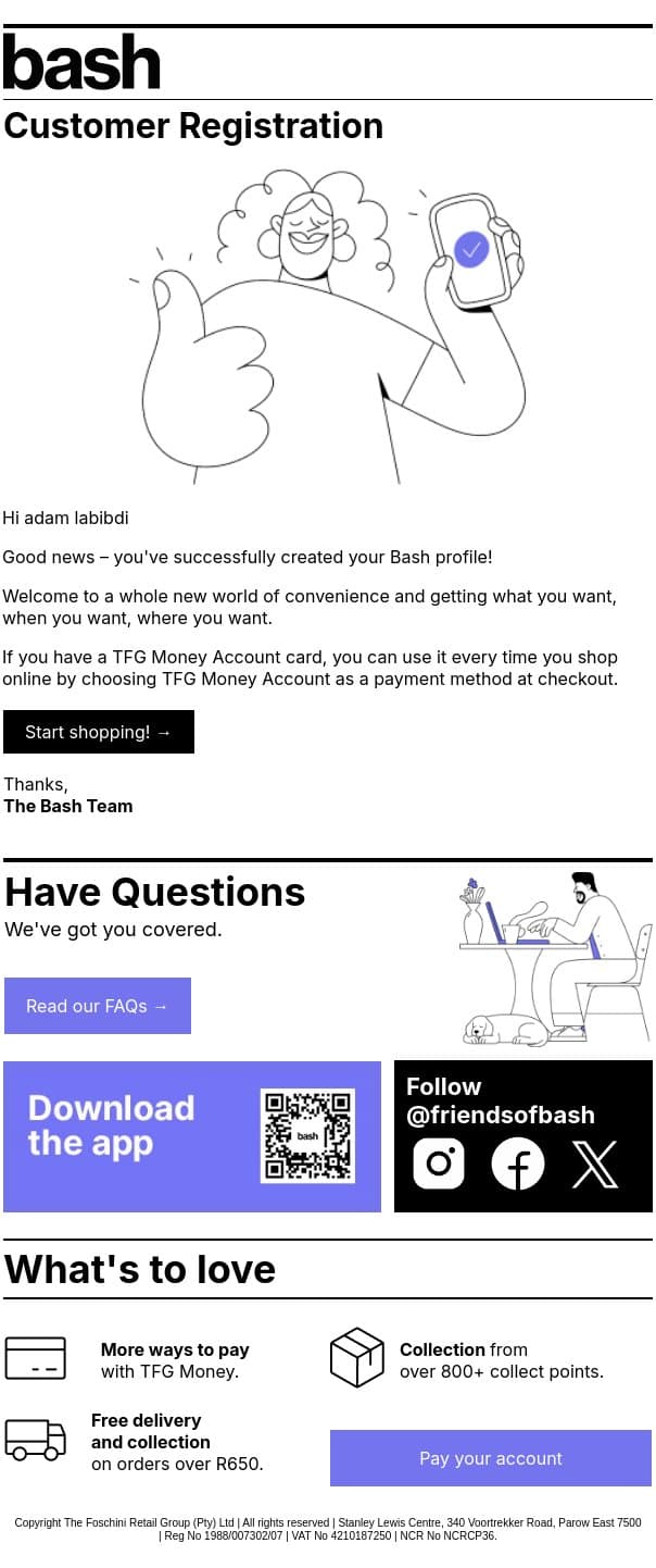 Welcome to bash Online Shopping! email from Zando screenshot