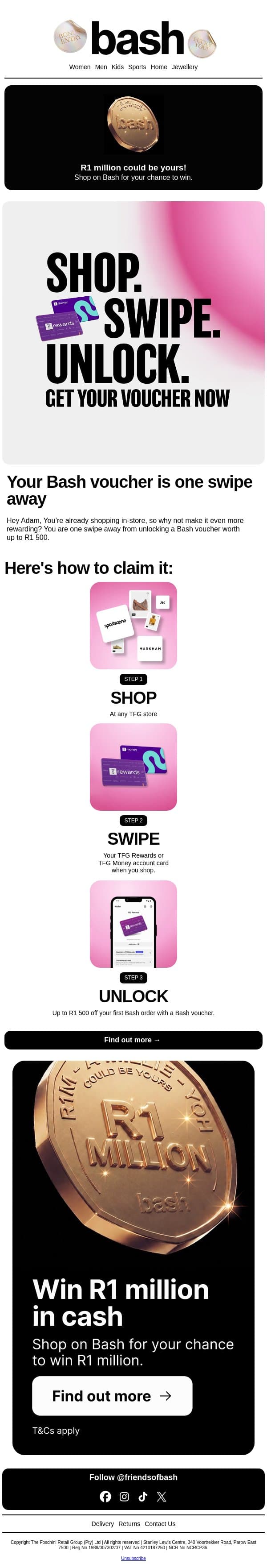 Shopping in-store? Swipe to unlock up to R1 500 off email from Zando screenshot