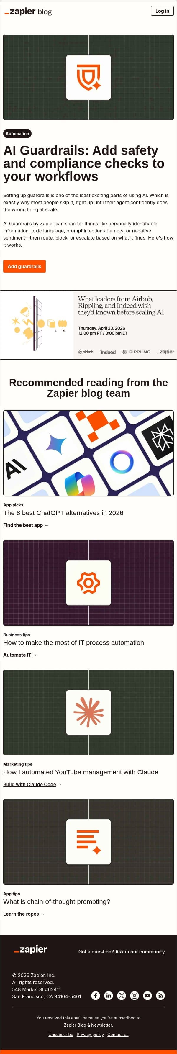 Add safety and compliance checks to your workflows email from Zapier screenshot