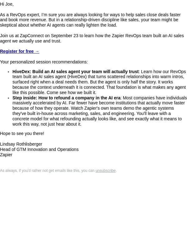 A RevOps session you won't want to miss at ZapConnect email from Zapier screenshot