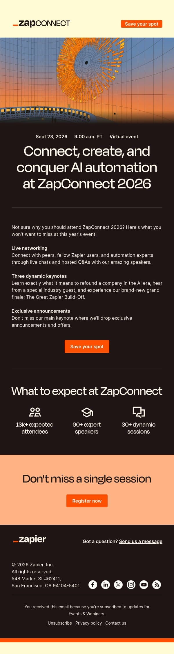 The first-timer's guide to ZapConnect 2026 email from Zapier screenshot