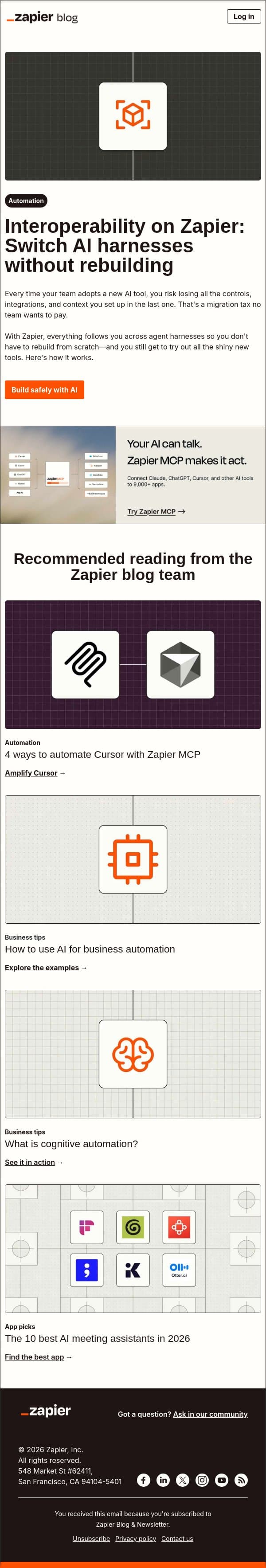 Switch AI harnesses without rebuilding email from Zapier screenshot