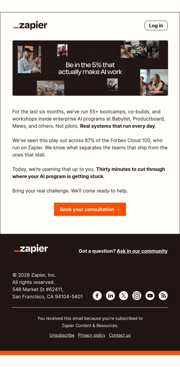 AI transformation is hard. Here's how we can help. email from Zapier screenshot