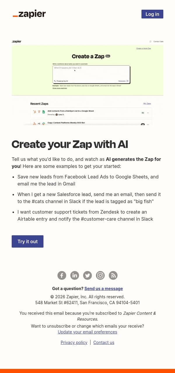 Type your Zap idea + watch AI create it! email from Zapier screenshot