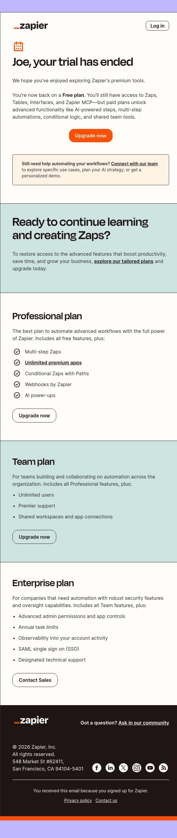 Your Zapier trial has ended 😢 email from Zapier screenshot