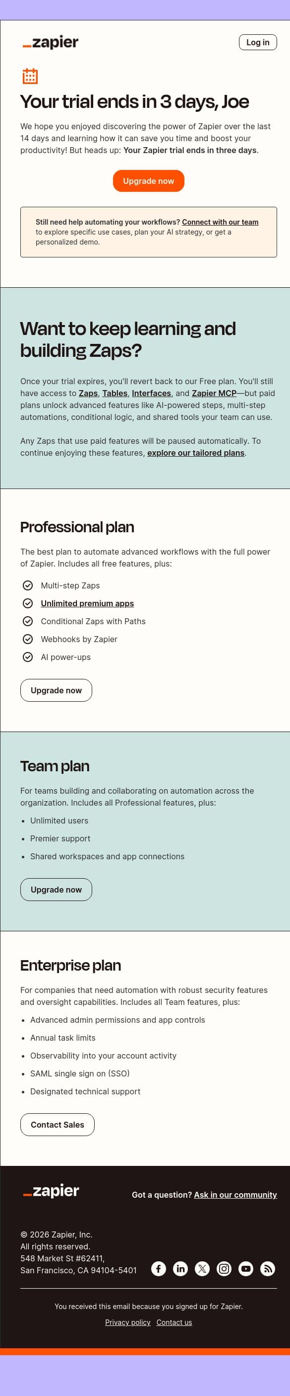 Your Zapier trial ends in three days ⏲️ email from Zapier screenshot