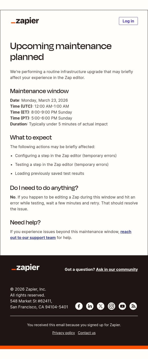 Notice: Upcoming routine maintenance planned email from Zapier screenshot