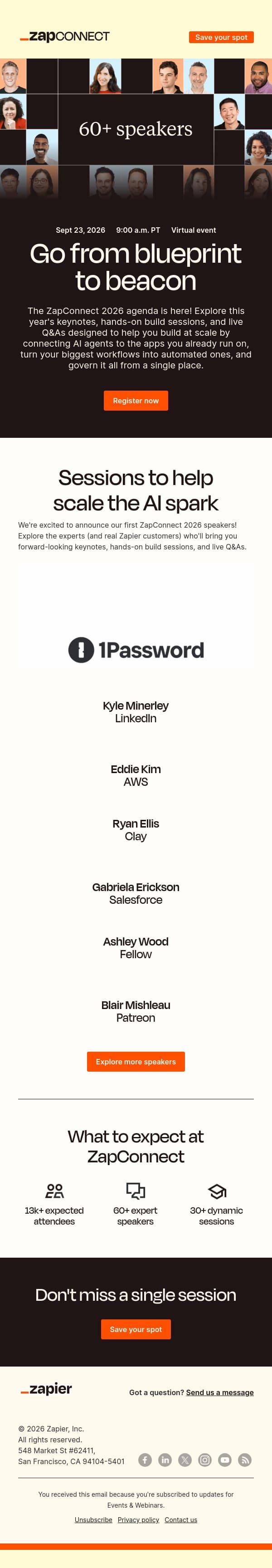 ZapConnect 2026: Explore the agenda email from Zapier screenshot