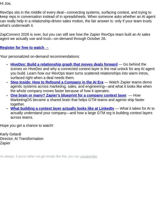 RevOps sessions we think you'll enjoy from ZapConnect email from Zapier screenshot