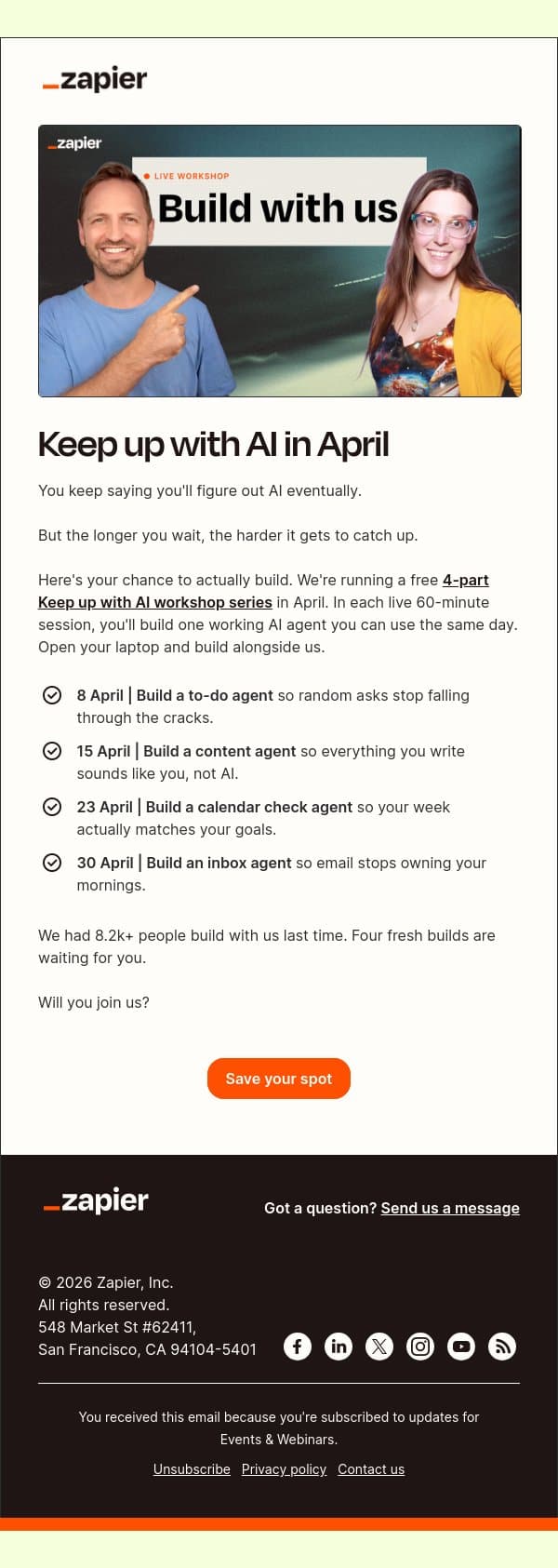 [You're invited] Keep up with AI in 4 live workshops this April email from Zapier screenshot