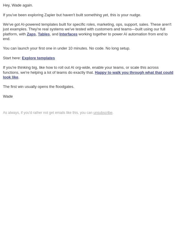 Want to build something in under 10 minutes? email from Zapier screenshot