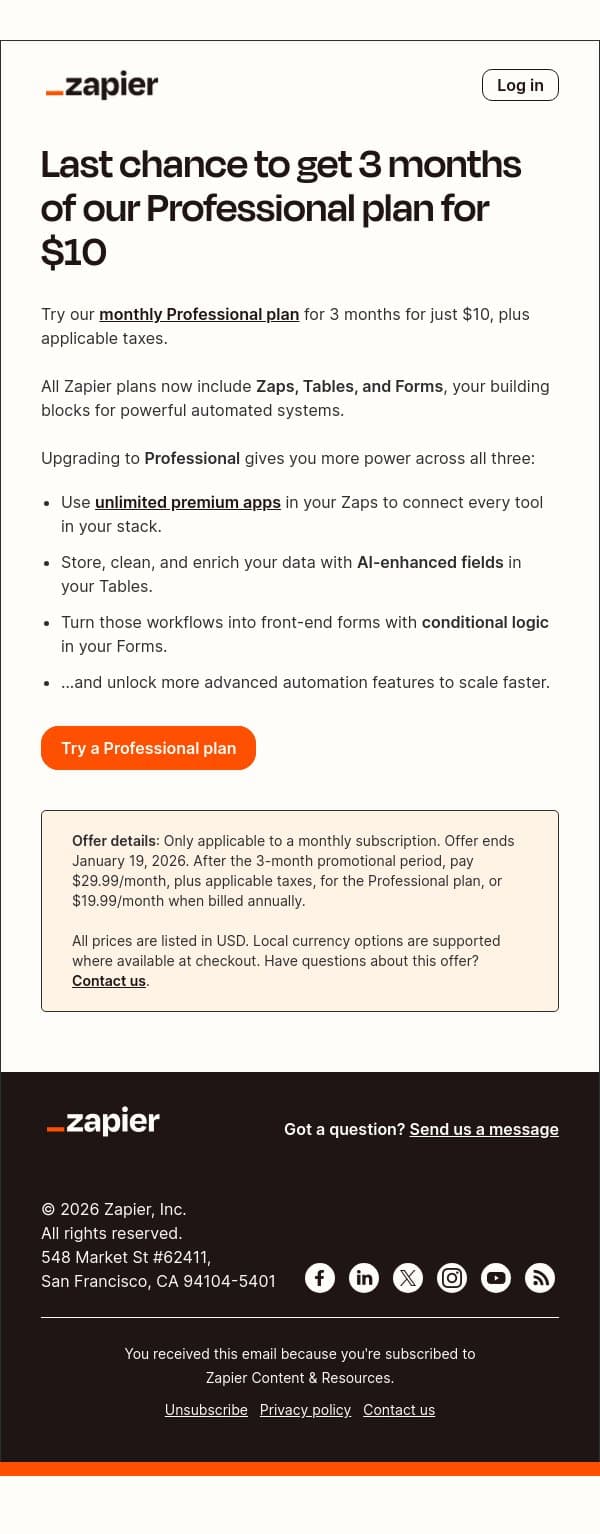 [Ends tomorrow] 3 months of Professional for $10 email from Zapier screenshot
