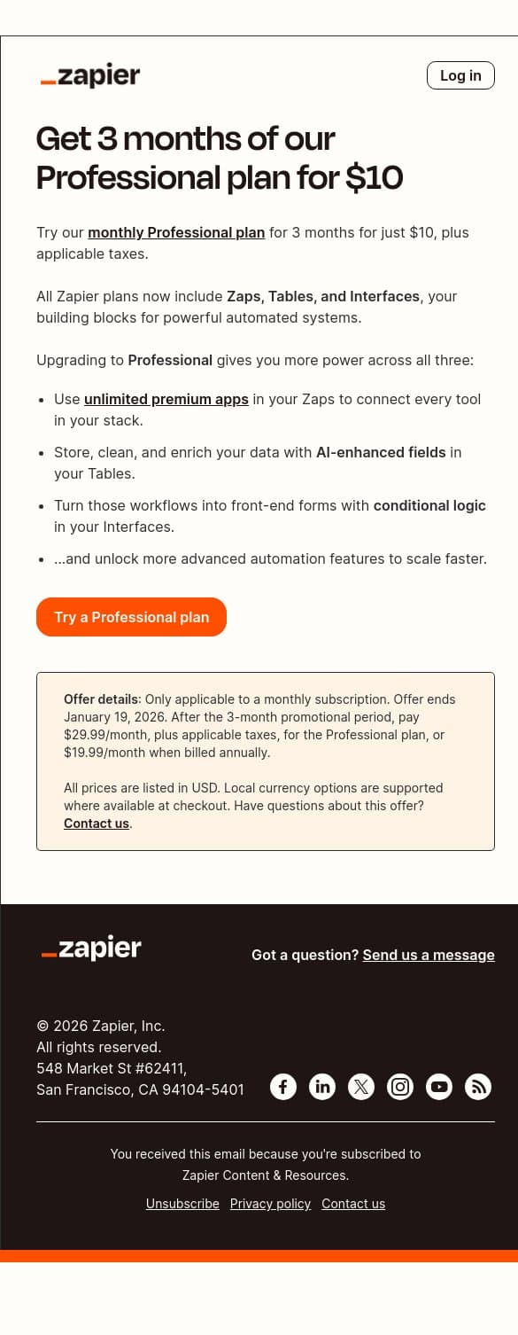 Get 3 months of our Professional plan for $10 email from Zapier screenshot