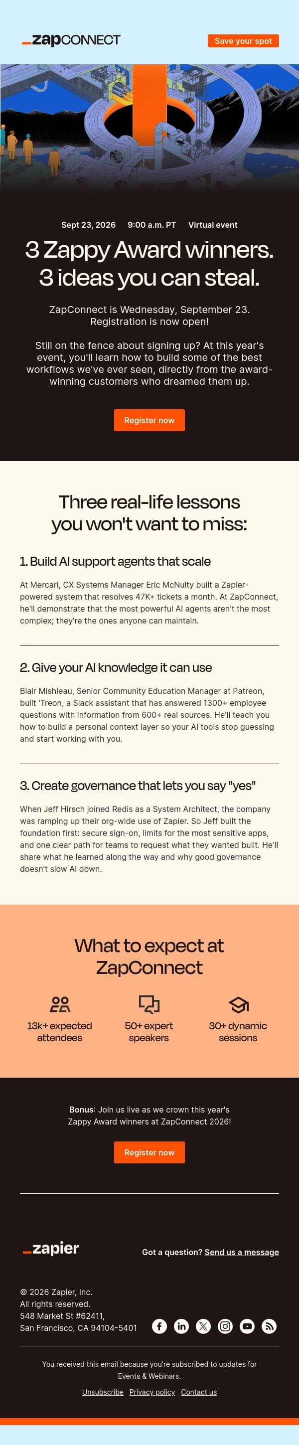 3 reasons you can't miss ZapConnect—from 3 Zappy Award winners email from Zapier screenshot