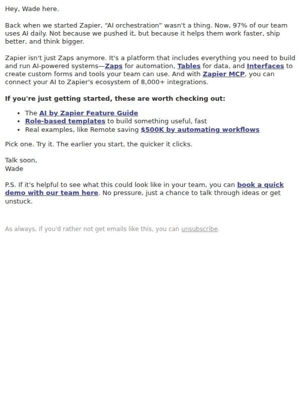 Welcome aboard 👋 | Let’s make some magic with AI email from Zapier screenshot