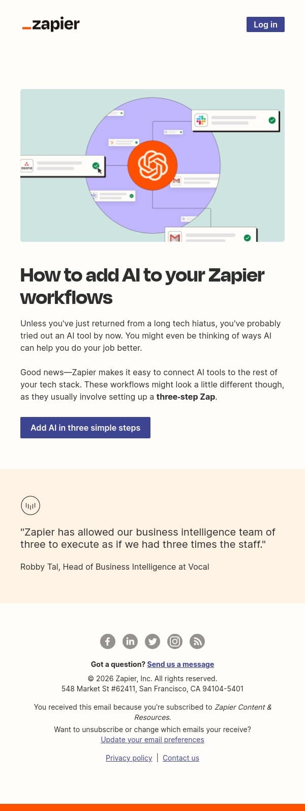 Try out AI workflows in 3 easy steps email from Zapier screenshot