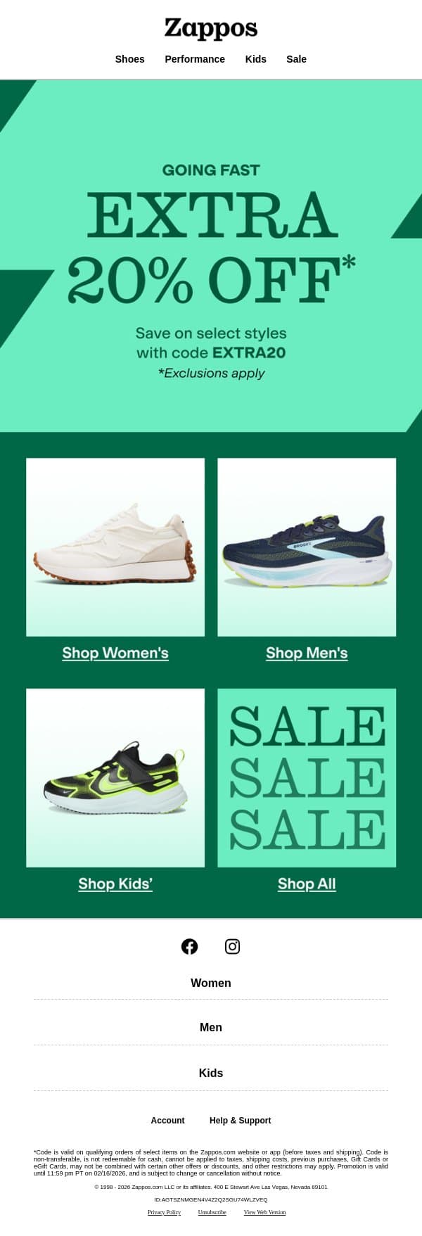 Extra 20% OFF starts NOW email from Zappos screenshot