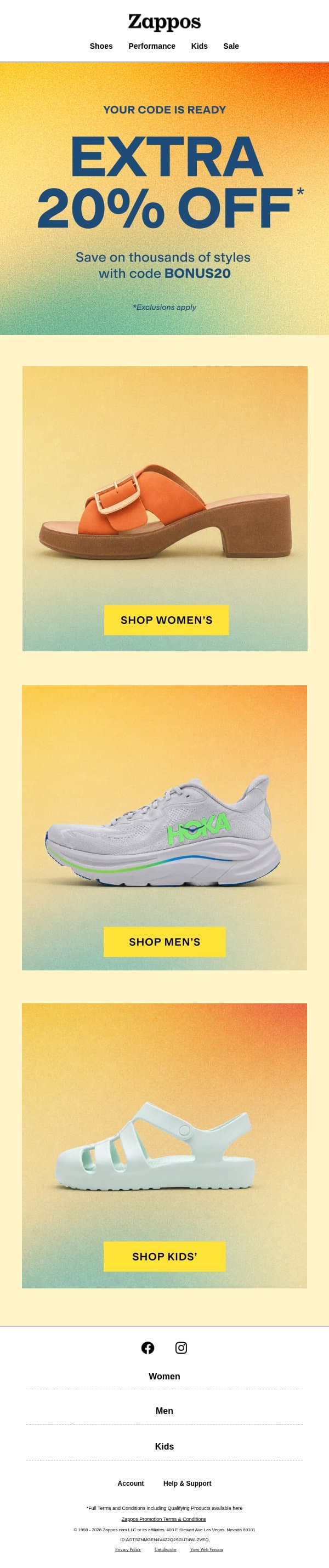 Extra 20% OFF your favorite brands email from Zappos screenshot