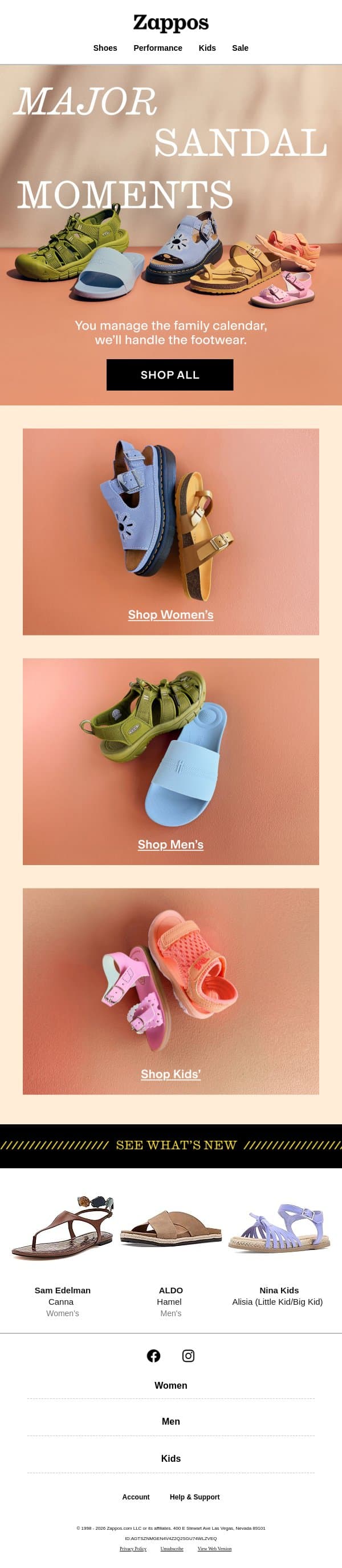 Pool sandals, hiking sandals, dinner sandals... email from Zappos screenshot