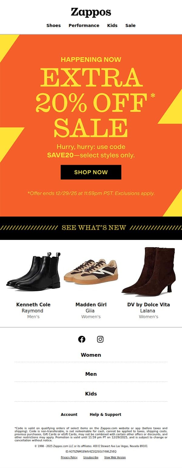 Extra 20% OFF* sale (ends 12/29) 📣 email from Zappos screenshot