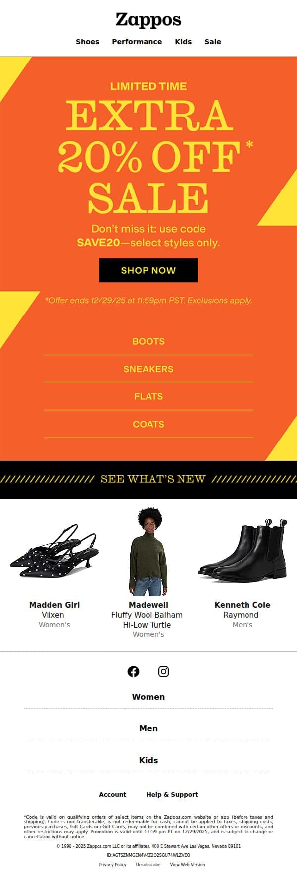 Don't miss it: extra 20% OFF* sale email from Zappos screenshot