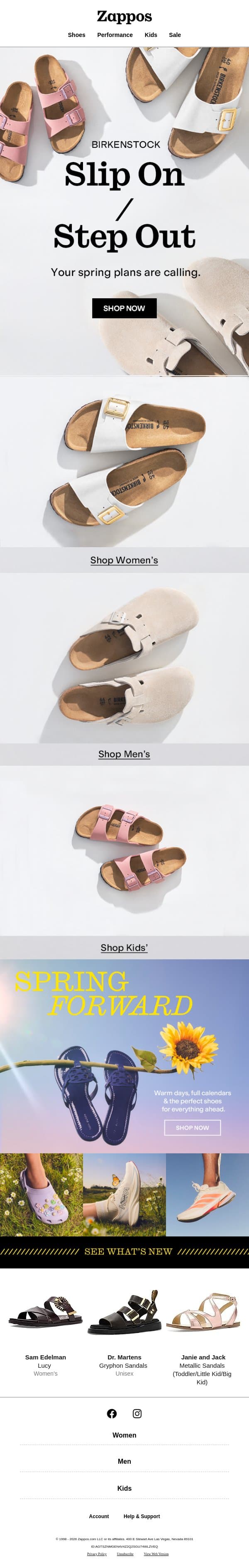 Spring starts with Birkenstock email from Zappos screenshot