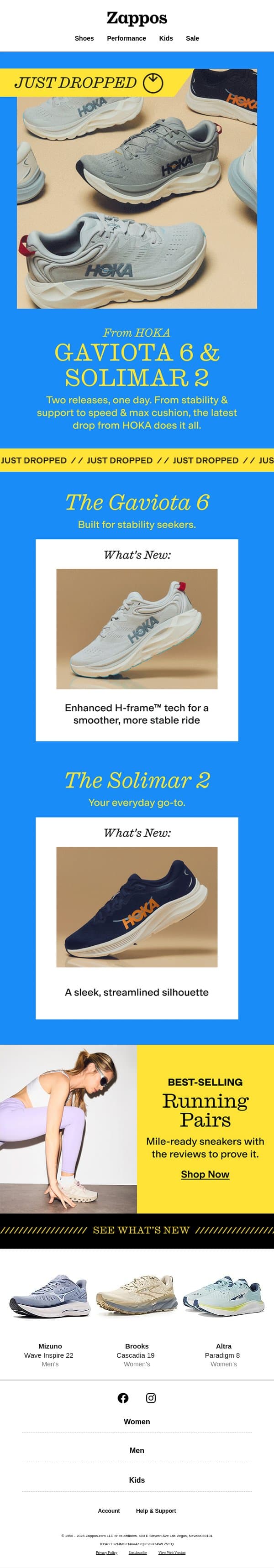 NEW from HOKA: The Gaviota 6 & Solimar 2 email from Zappos screenshot