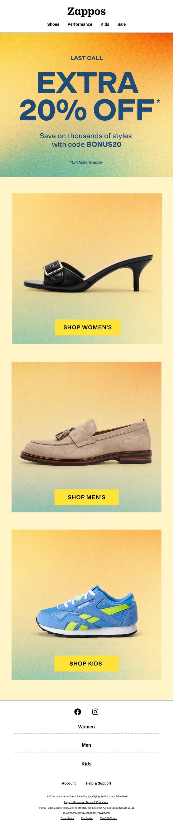 Final hours for an extra 20% OFF email from Zappos screenshot