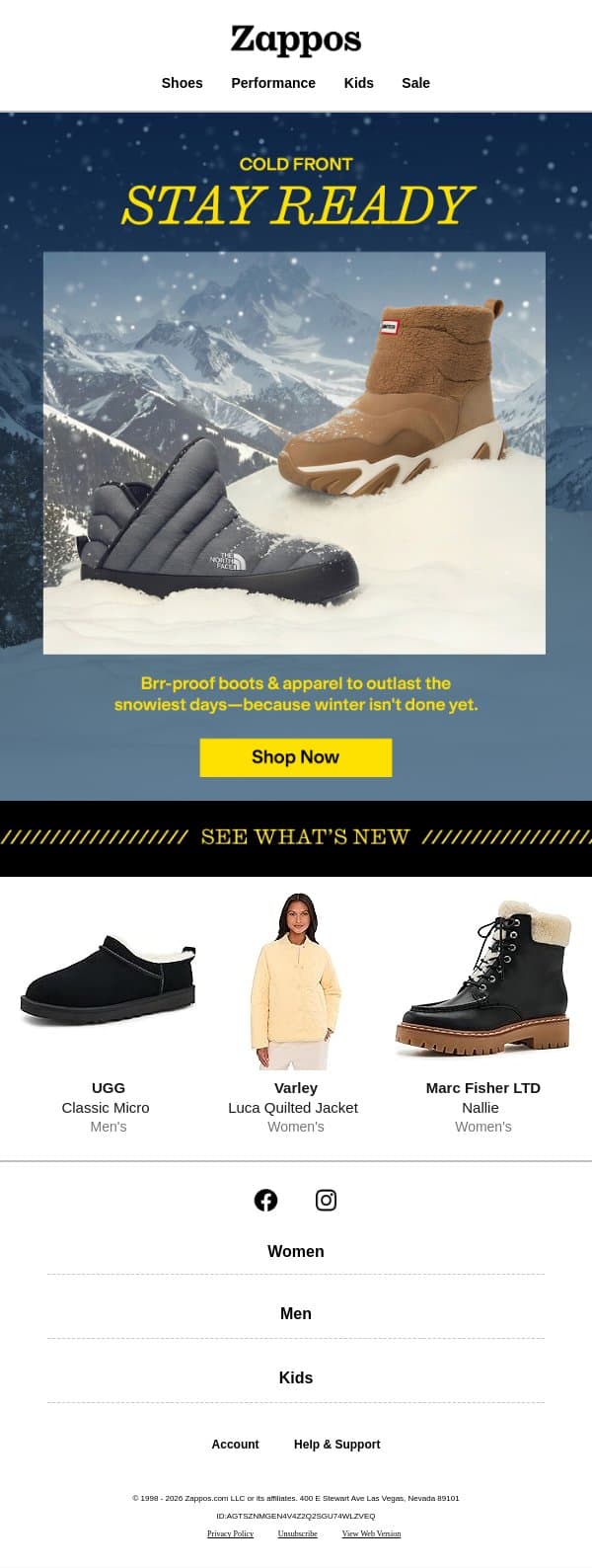 Winter's still going—stay warm in these email from Zappos screenshot