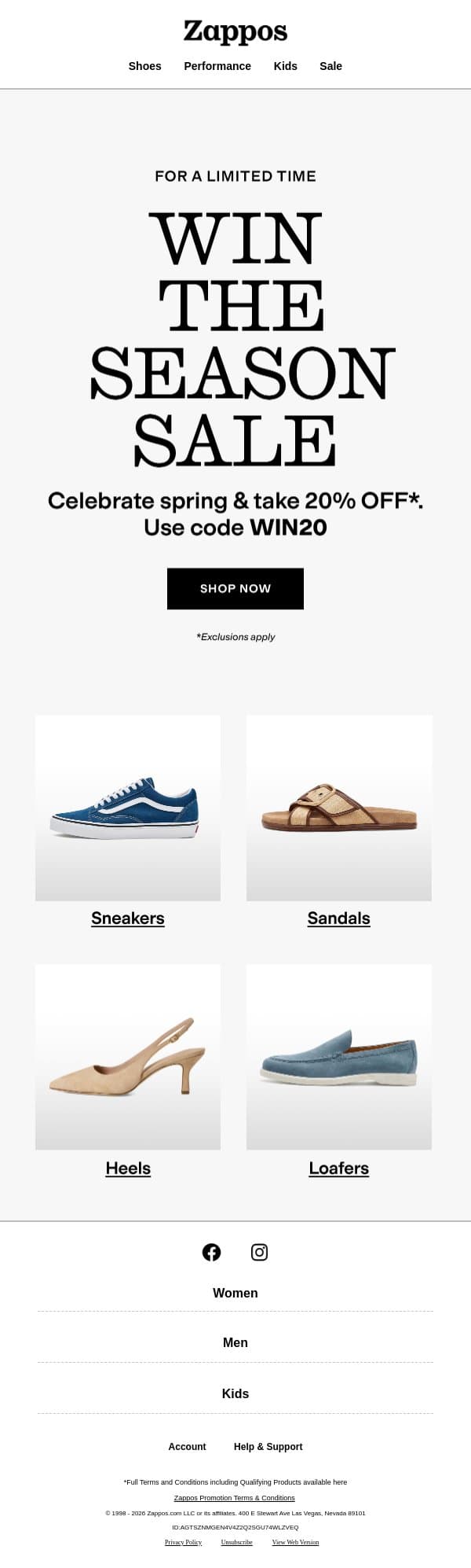 Win the Season Sale is live—20% OFF with code email from Zappos screenshot