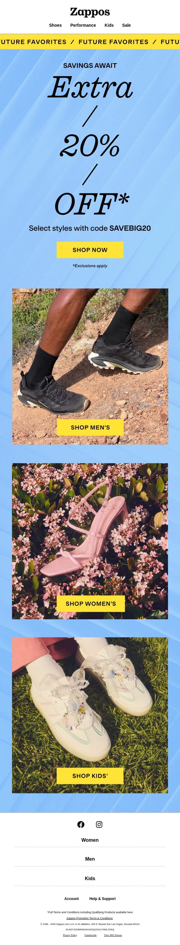 Extra 20% OFF Nike, Sam Edelman & more starts now email from Zappos screenshot