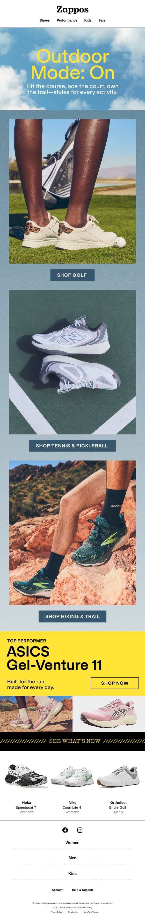 Gear up for golf, tennis & trail email from Zappos screenshot