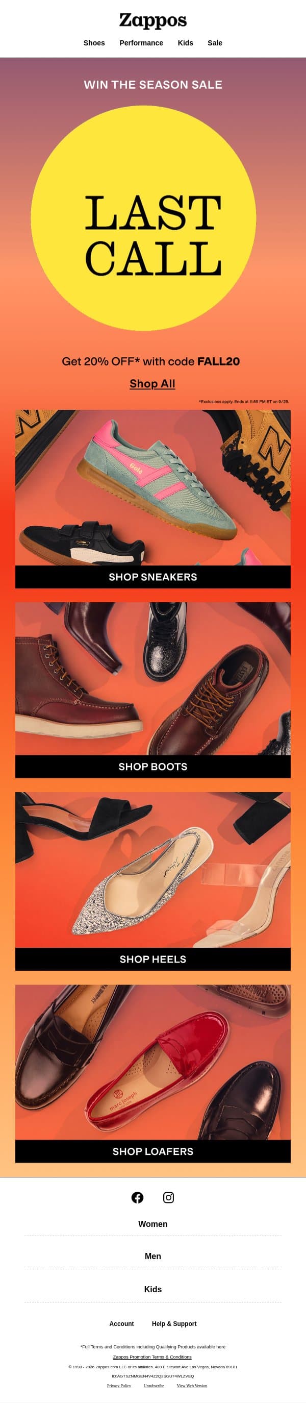 Final hours for 20% OFF ⏳ email from Zappos screenshot