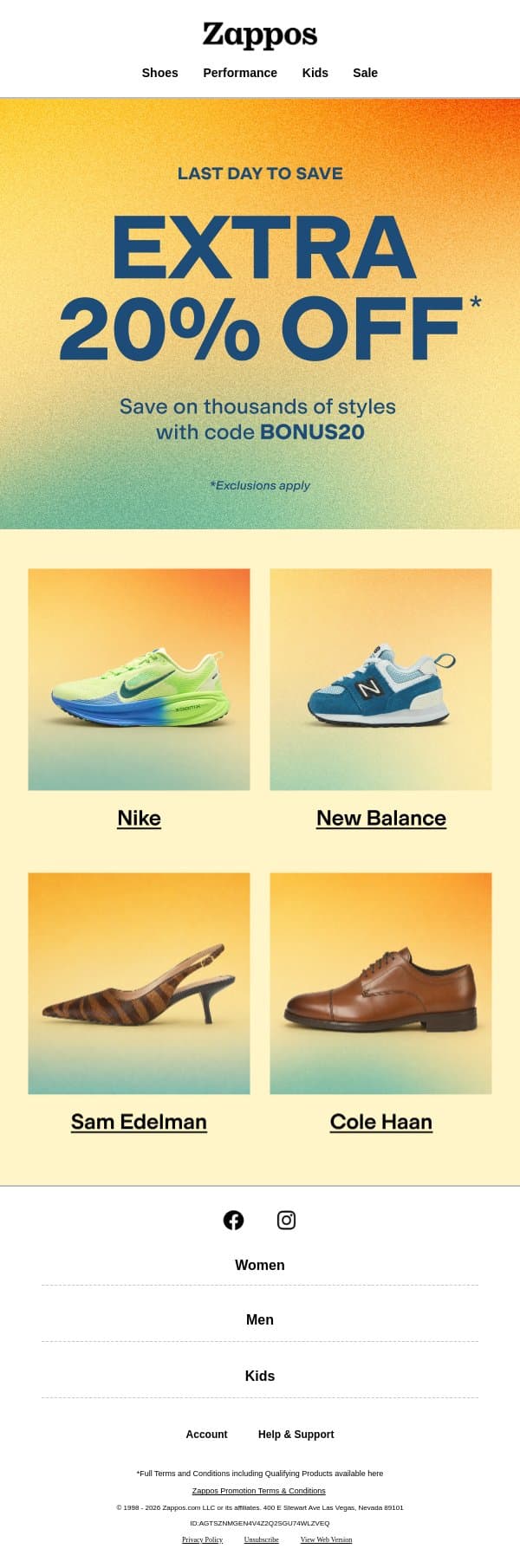 Ends today: extra 20% OFF fall picks email from Zappos screenshot