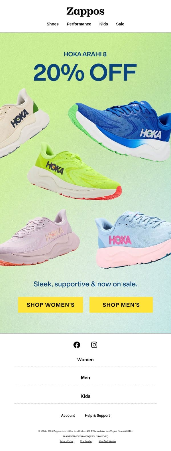 20% OFF the HOKA Arahi 8 👟 email from Zappos screenshot