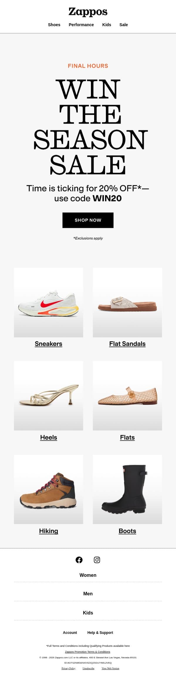 FINAL HOURS—last call for 20% OFF* email from Zappos screenshot