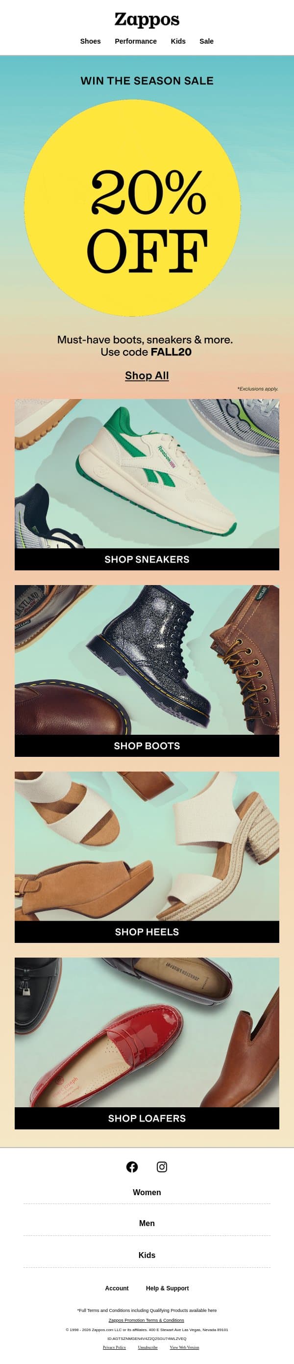 20% OFF thousands of styles email from Zappos screenshot
