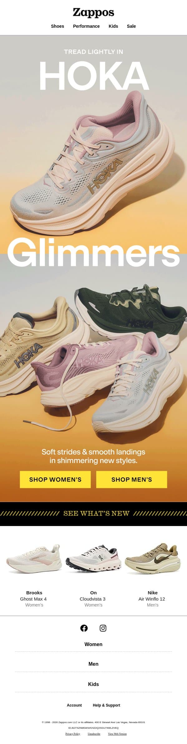 HOKA’s cloud-like comfort, now in Glimmers ✨ email from Zappos screenshot