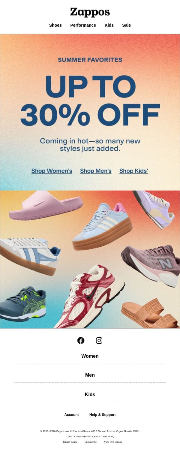 Warm-weather picks up to 30% OFF email from Zappos screenshot