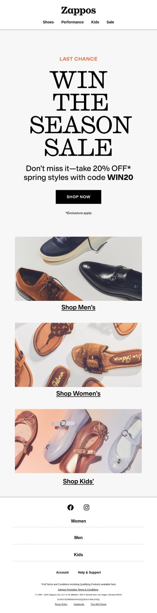 Last chance for 20% OFF email from Zappos screenshot