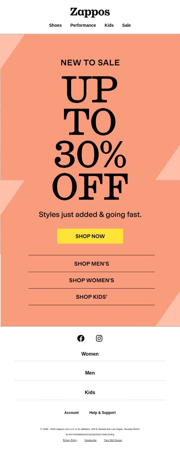 NEW TO SALE: up to 30% OFF email from Zappos screenshot