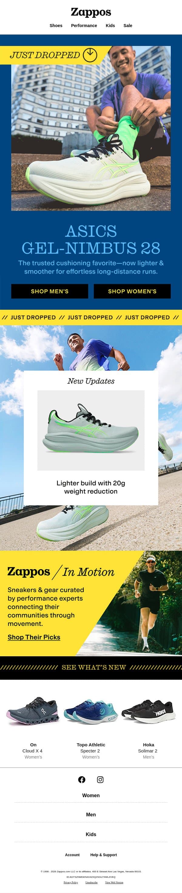 JUST DROPPED: ASICS GEL-NIMBUS 28 🏃 email from Zappos screenshot