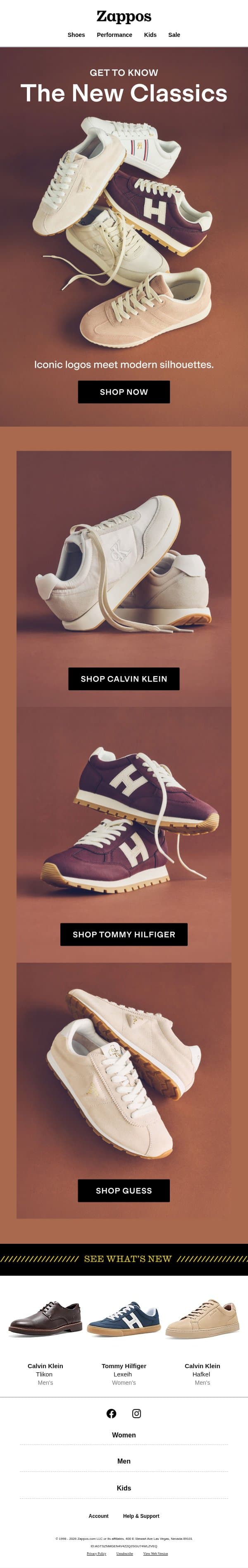 Sneaker favorites from Calvin Klein, Tommy Hilfiger & GUESS email from Zappos screenshot