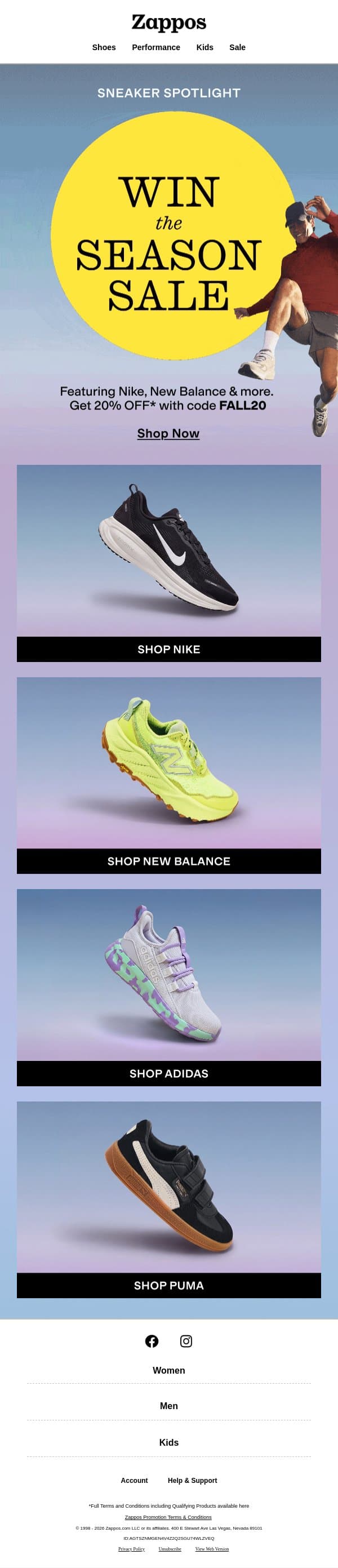 20% OFF sneakers for the whole family 👟 email from Zappos screenshot