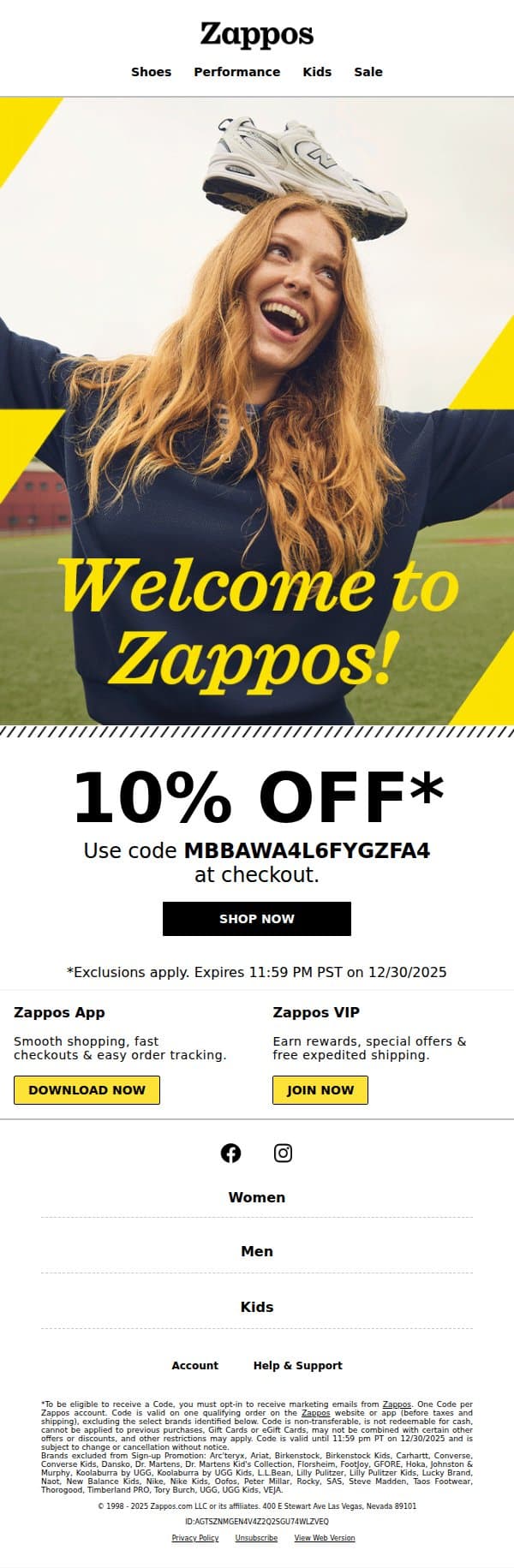 Welcome! Your 10% off code is inside email from Zappos screenshot