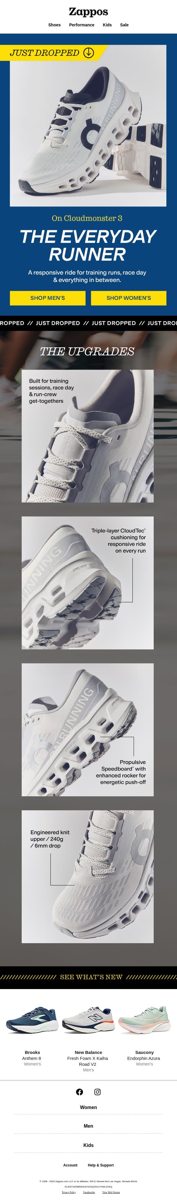 JUST DROPPED: On Cloudmonster 3 🏃 email from Zappos screenshot